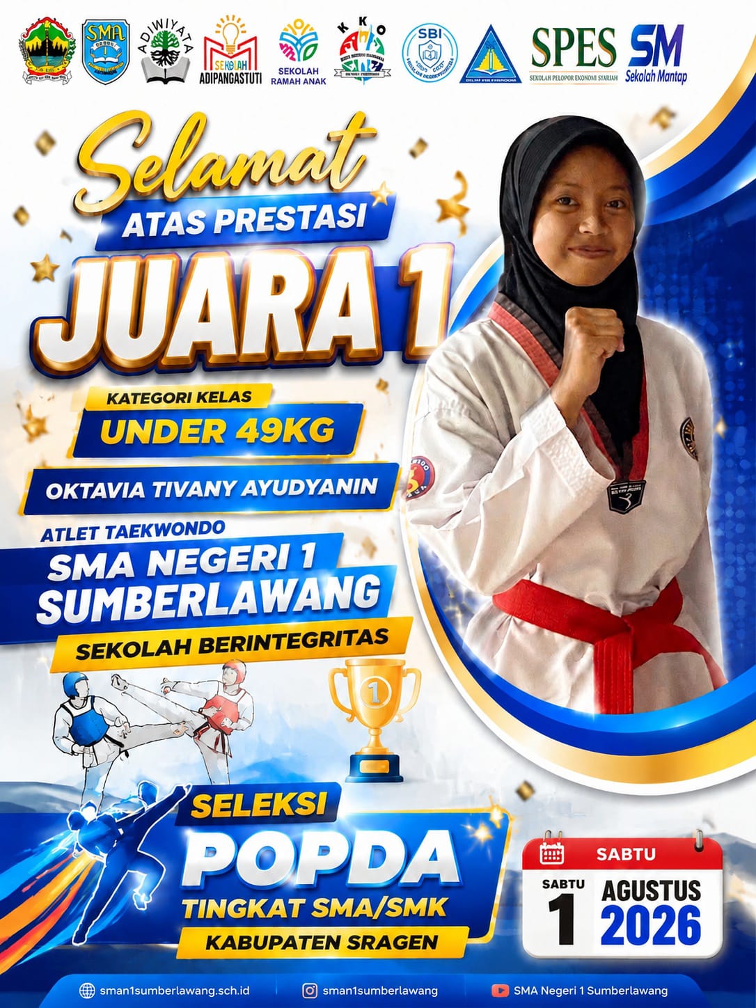 Oktavia Tivany Ayudyanin Raih Juara 1 Taekwondo Kelas Under 49KG di Seleksi POPDA Sragen 2026