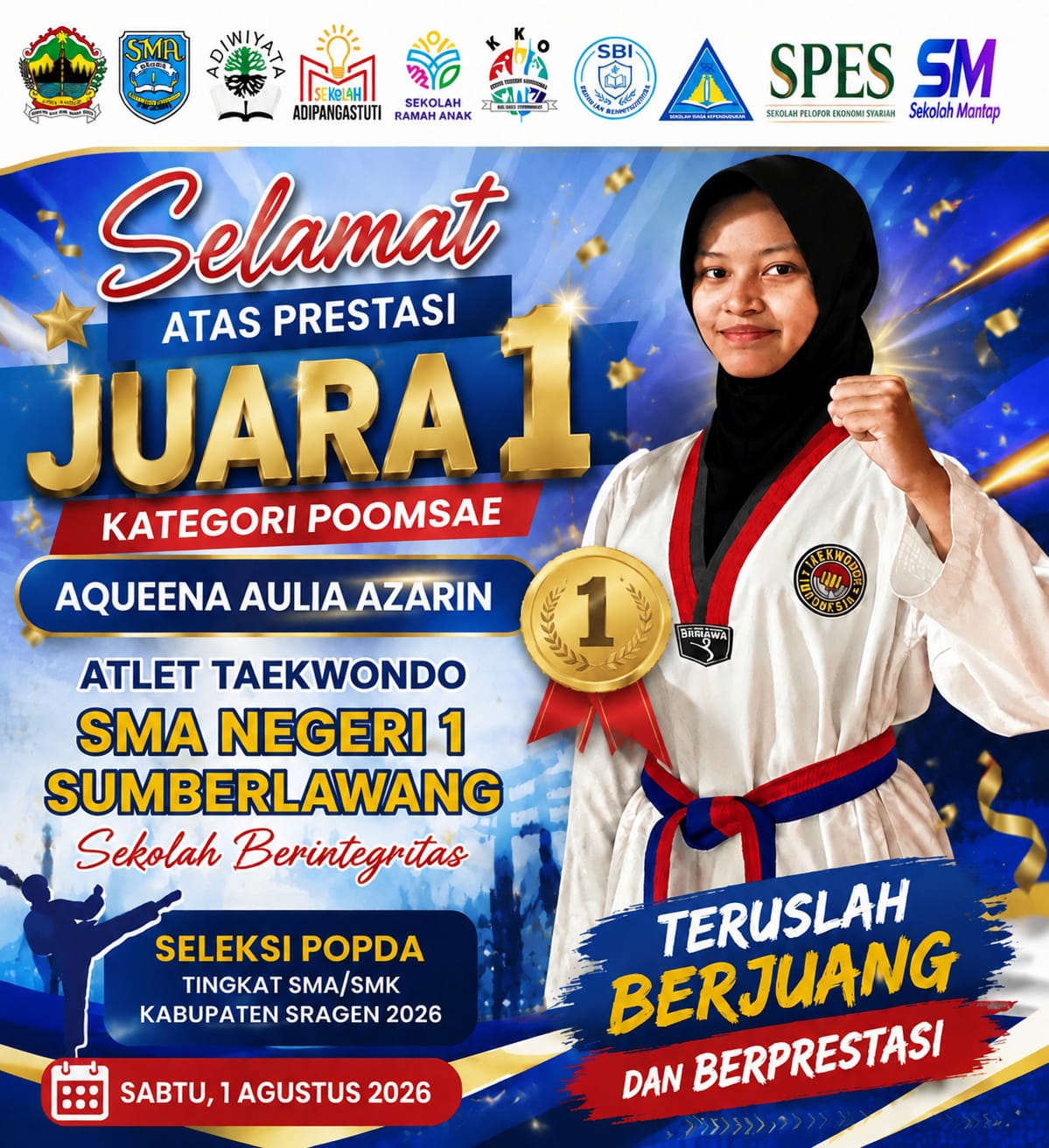 Aqueena Aulia Azarin Raih Juara 1 Poomsae Taekwondo di Seleksi POPDA Sragen 2026
